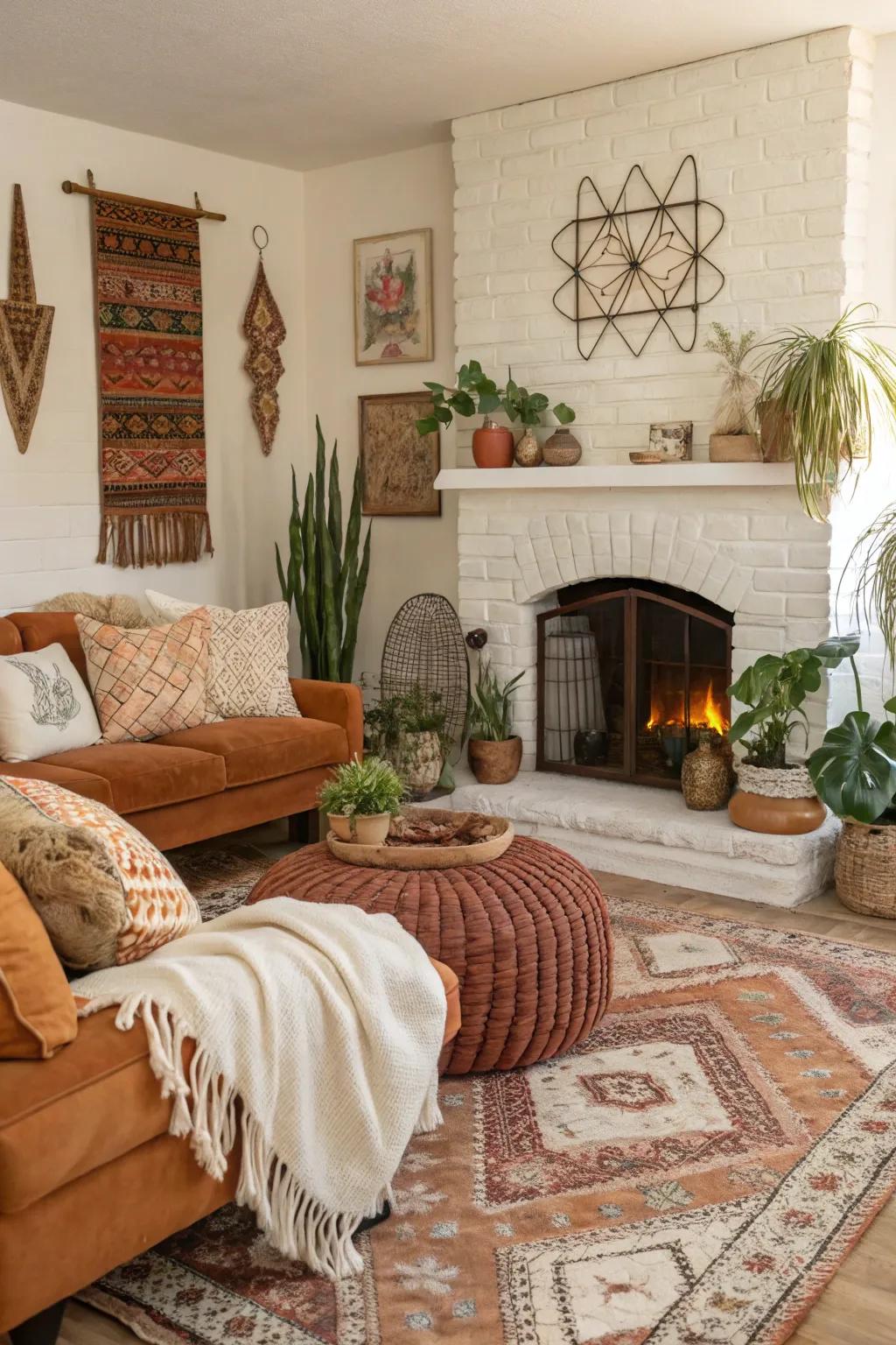 Eclectic and laid-back boho-style fireplace.