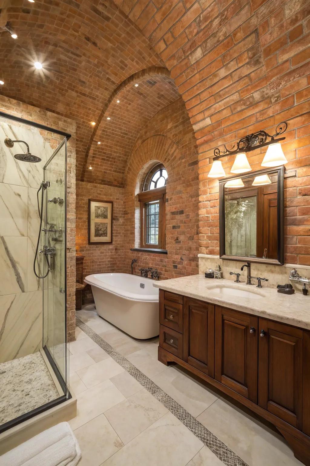 Brick walls and marble accents create a sophisticated bathroom design.