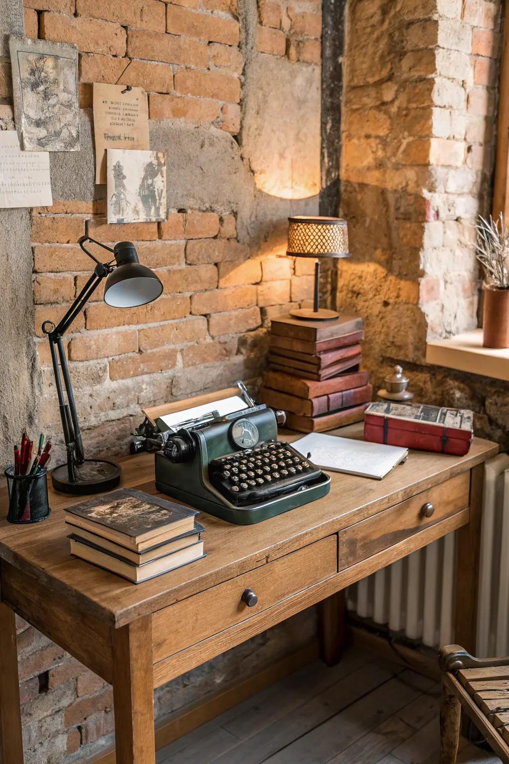 A rustic workspace with a brick wall inspires creativity and productivity.