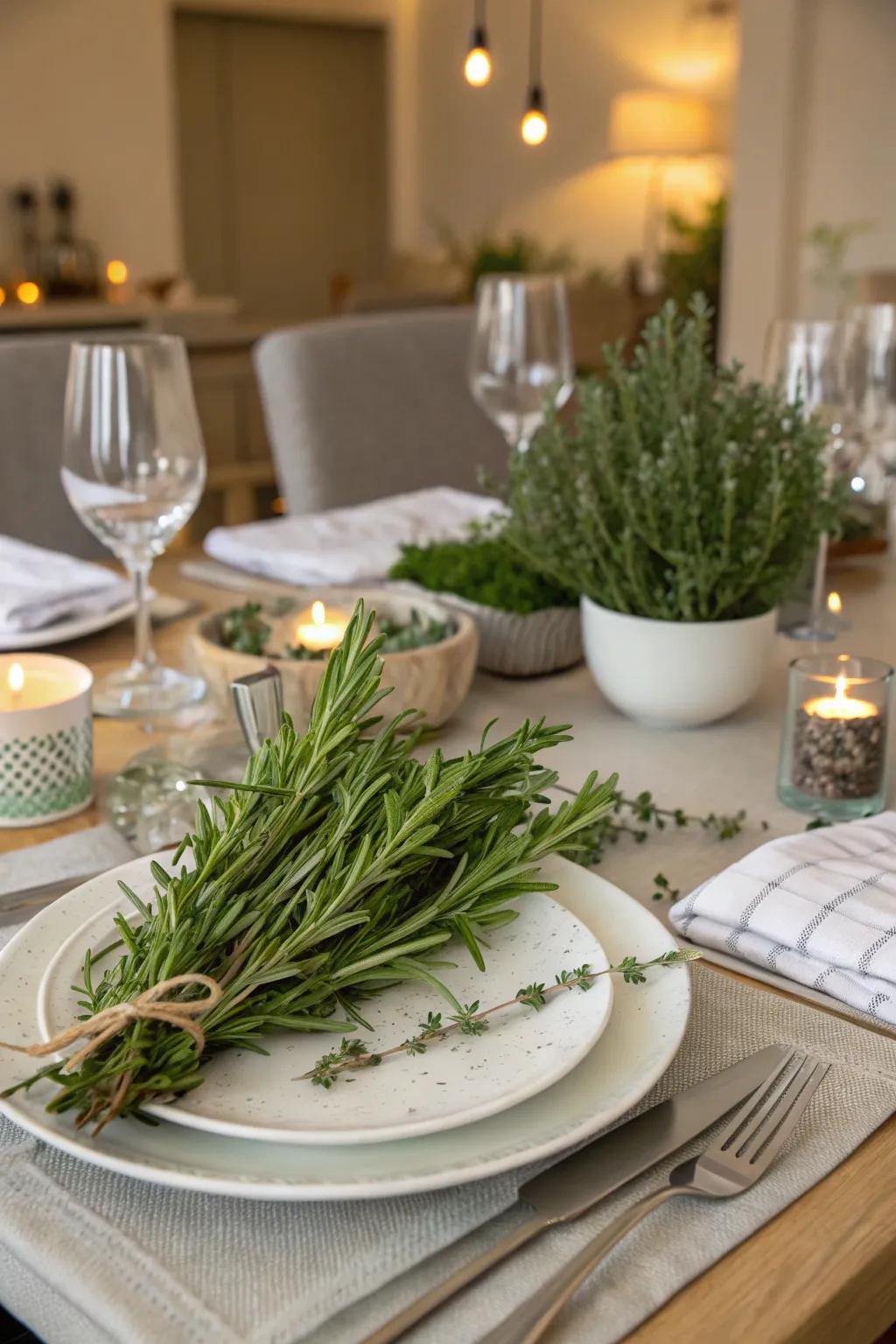 A brunch table adorned with fragrant herb bouquets of rosemary and thyme.