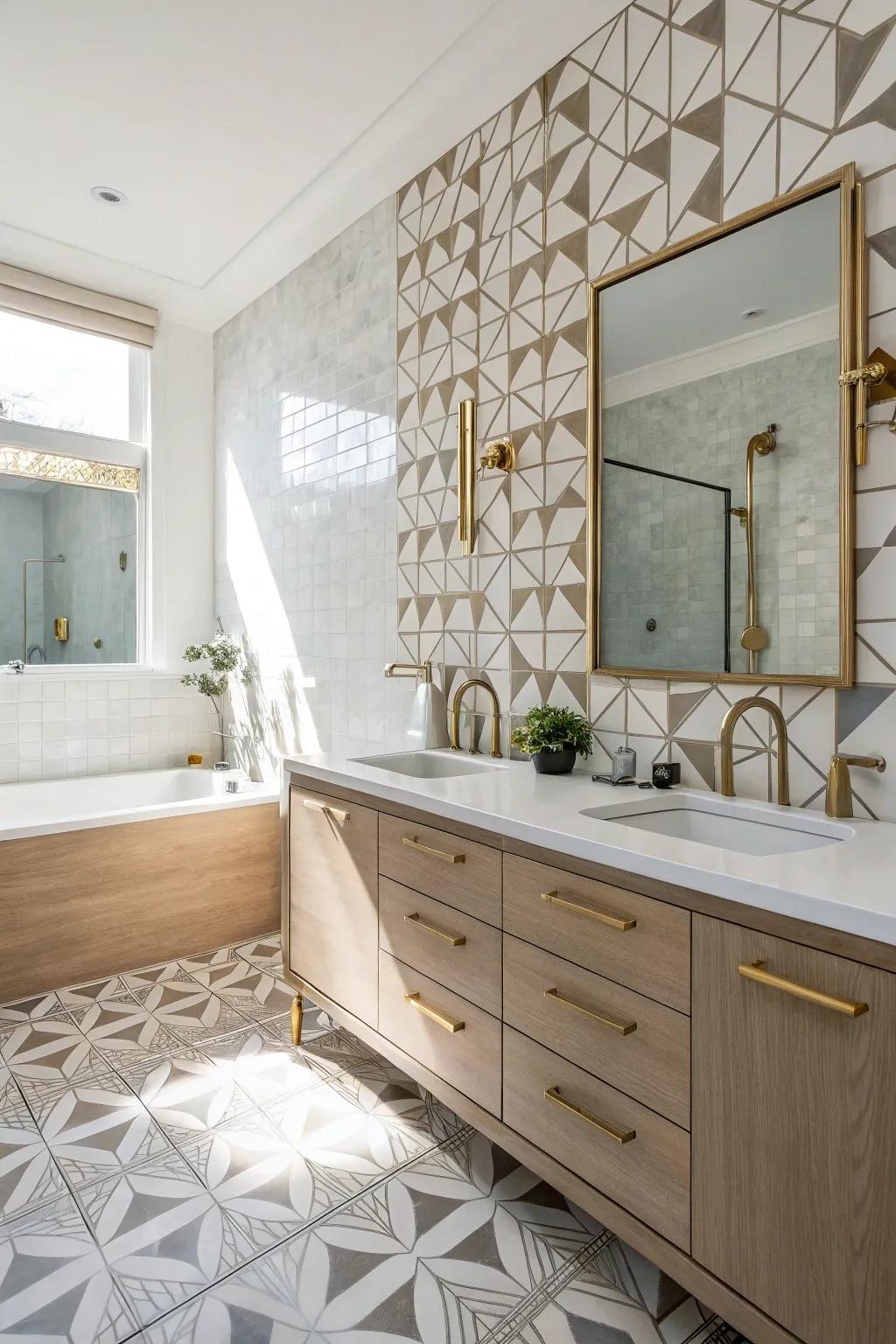 Geometric shapes paired with brushed brass for a modern bathroom design.