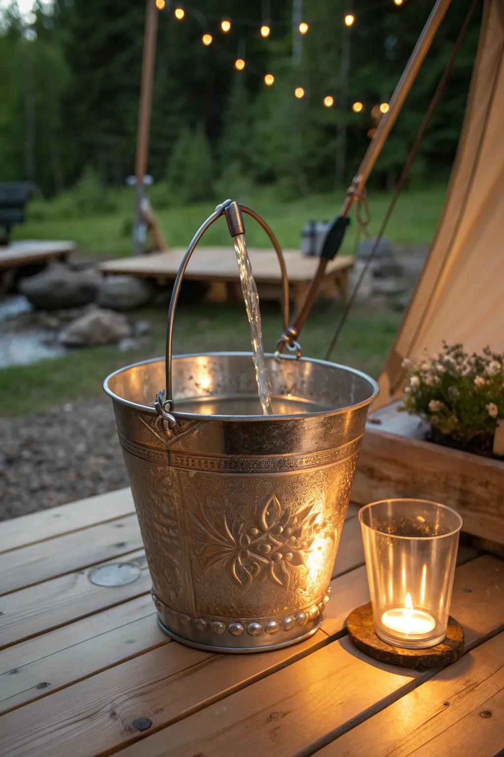 Illuminate your campsite with this artisanal bucket light and water feature for the ultimate relaxation experience.