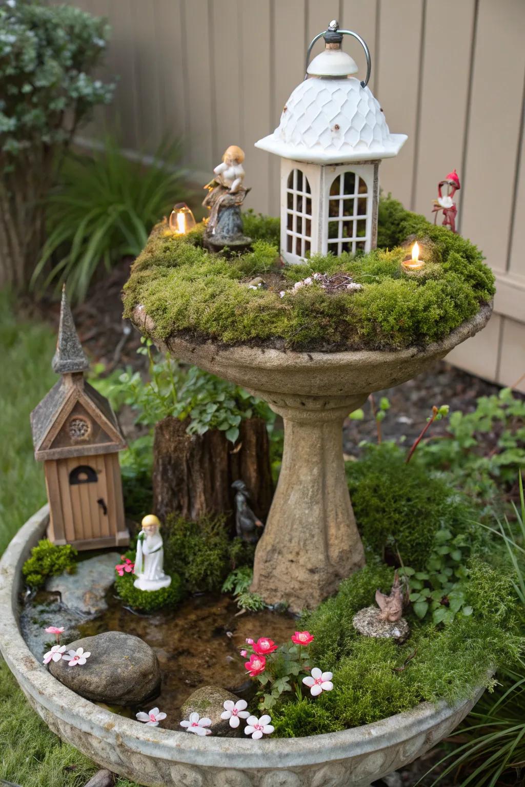 A bird bath fairy garden adds enchantment to your backyard.