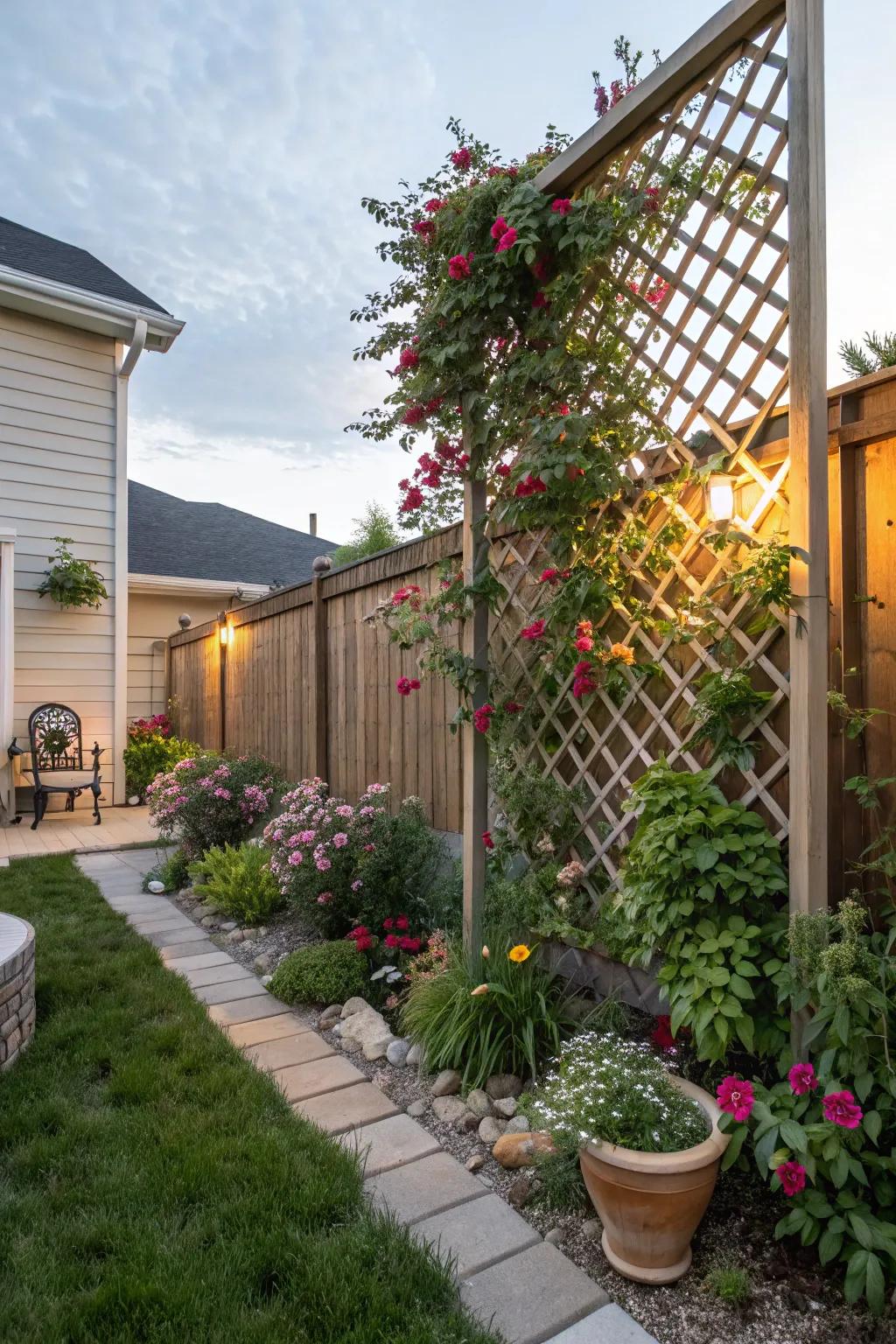 A vertical lattice garden adds greenery and saves space.