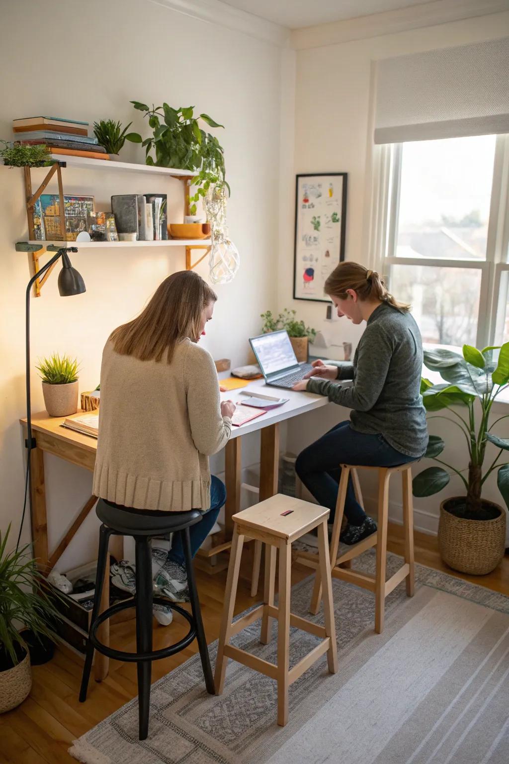 Double standing desks are perfect for shared workspaces.