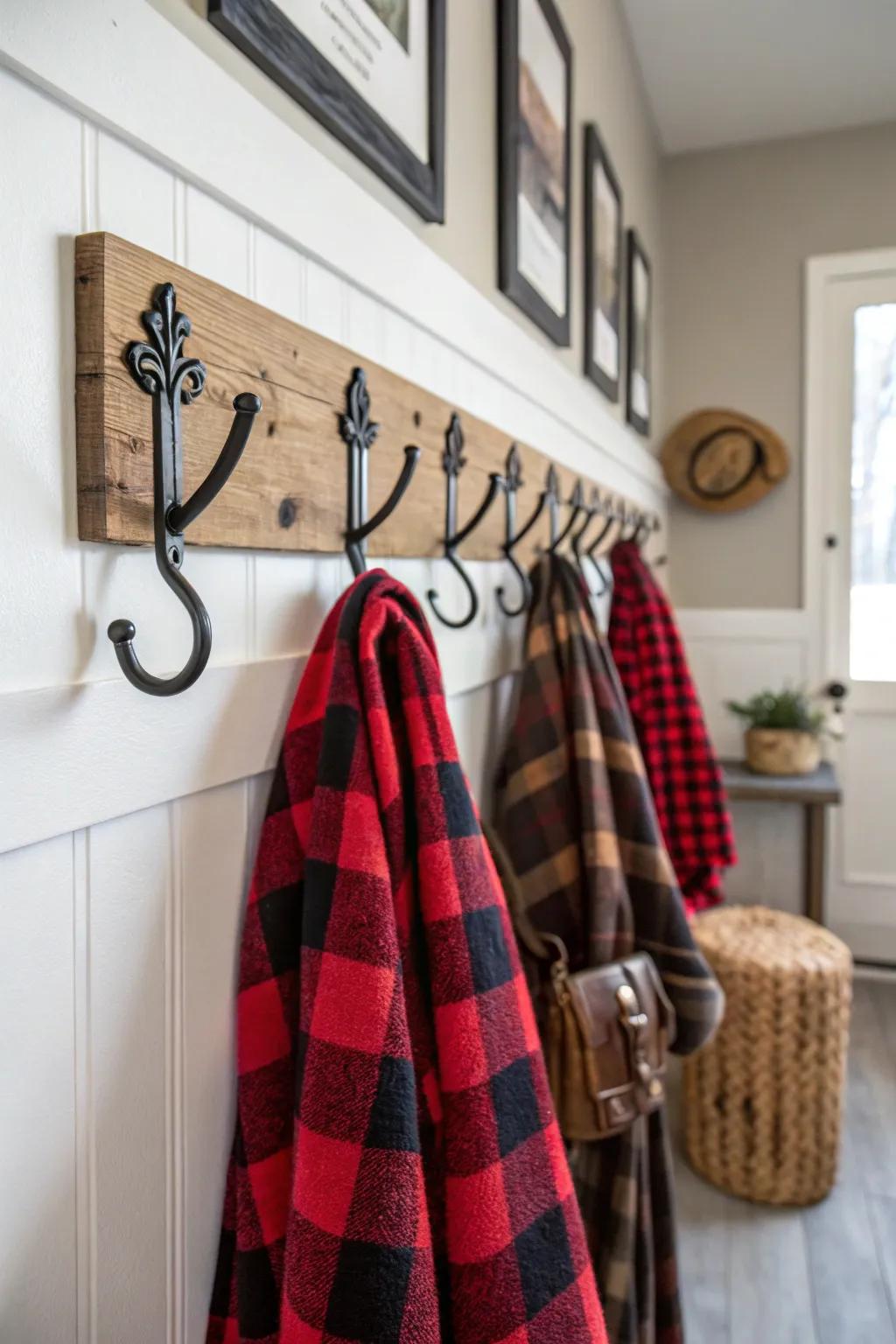 Buffalo plaid wall hooks add a touch of style and practicality.