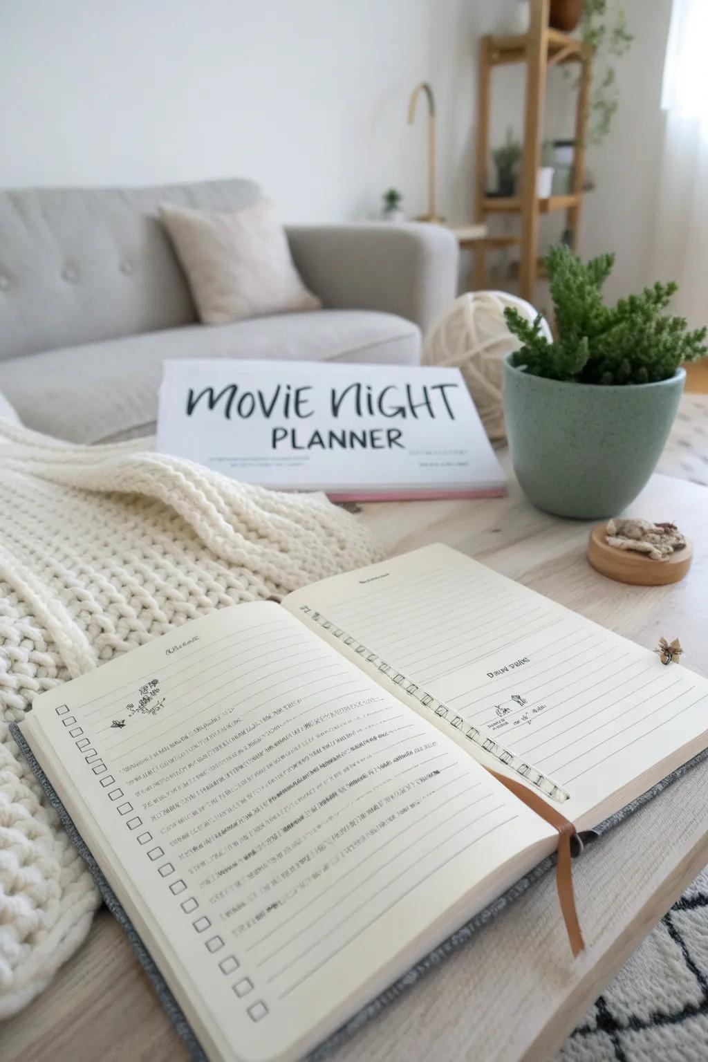 Transform your living room into a cozy cinema with this charming movie night planner.