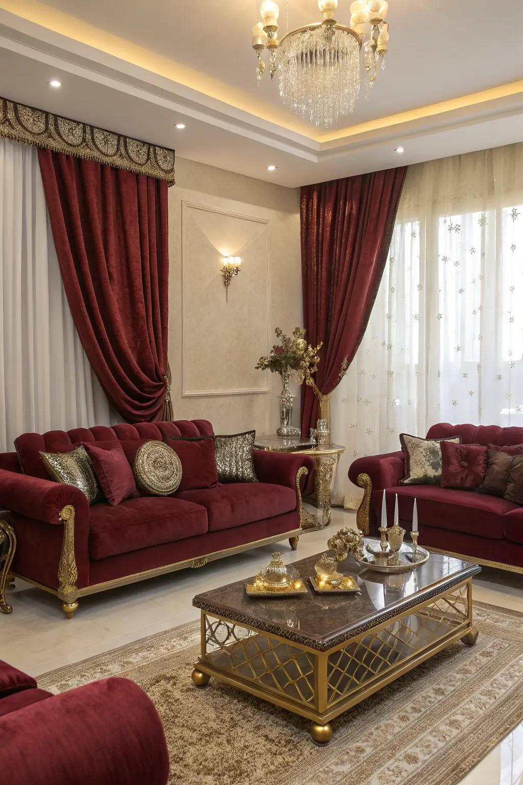 Metallic accents add a glamorous sheen to this burgundy-themed space.