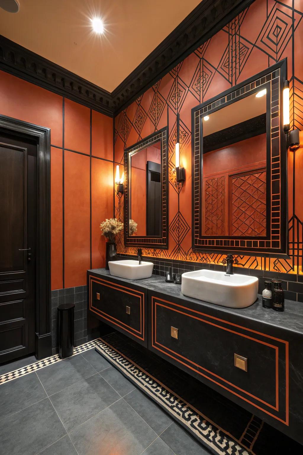 Burnt orange and black create a dramatic and bold bathroom.