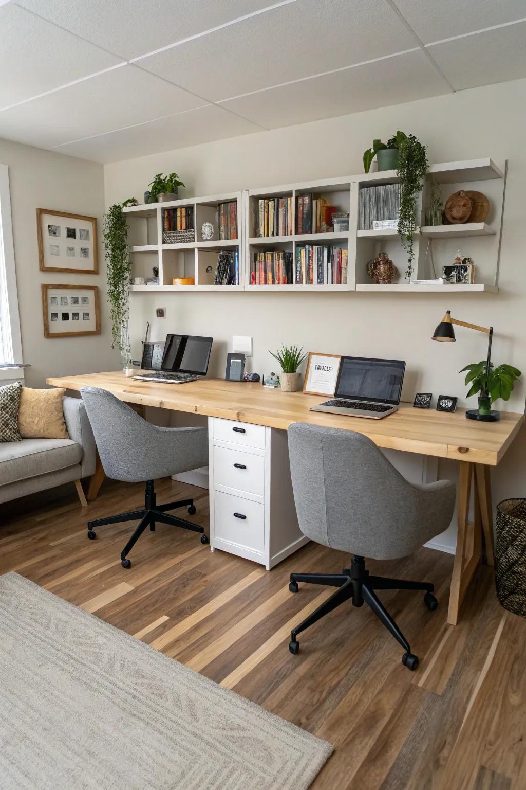 A dual workstation butcher block desk for shared spaces.