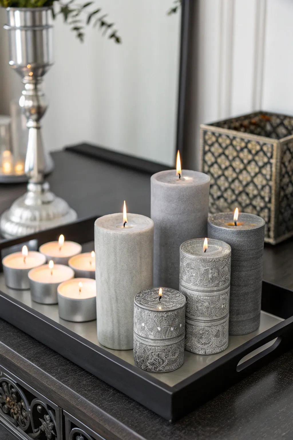 Achieve a sleek and modern look with a monochrome candle display.