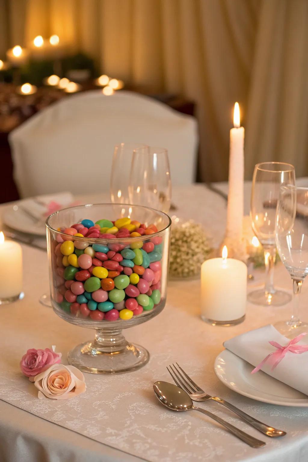 A candy vase with floating candles creates an intimate and romantic atmosphere.