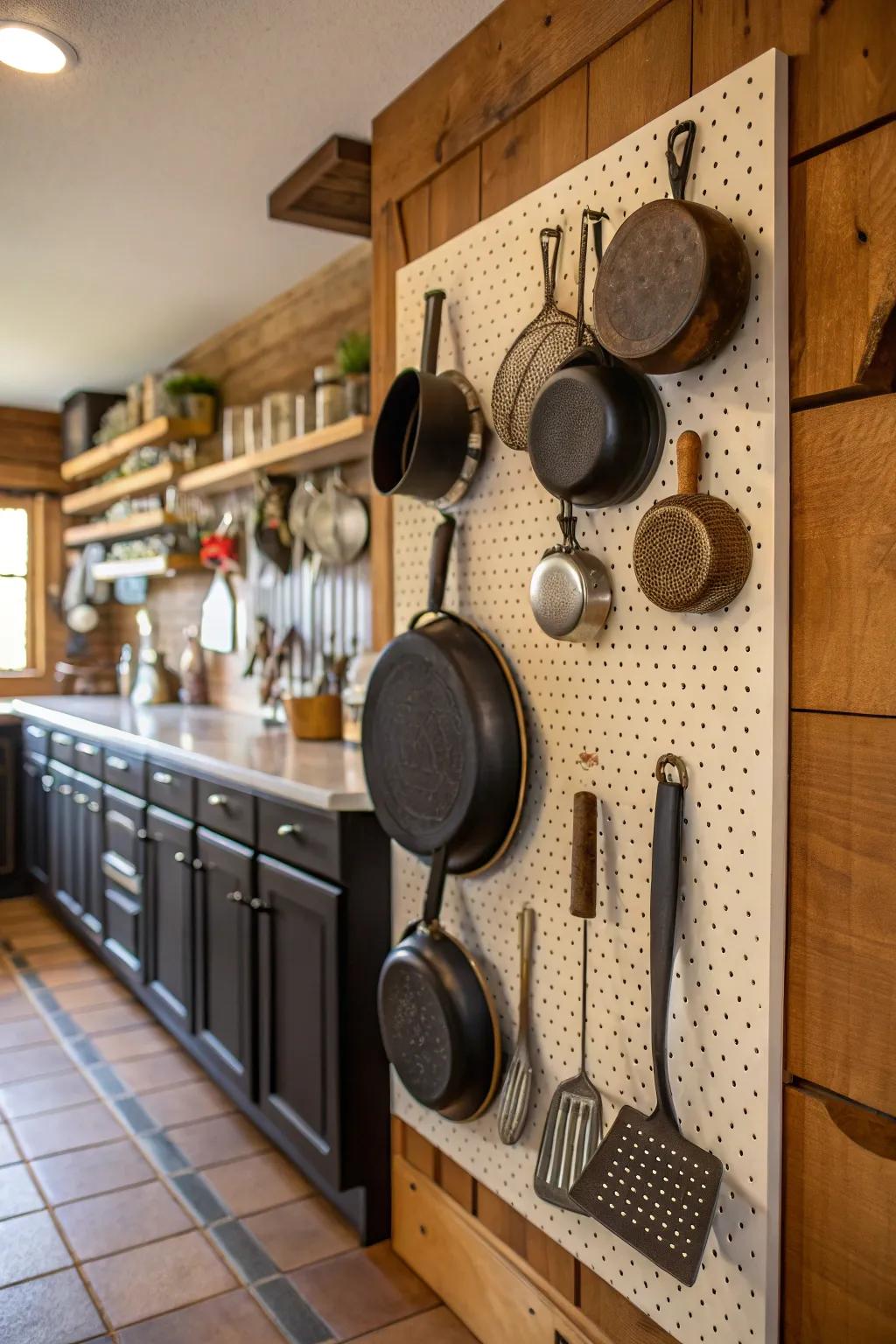 Decorative peg board used for cast iron storage.