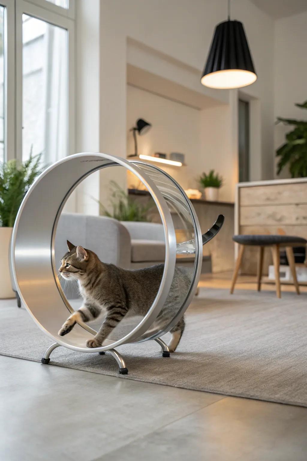 A cat wheel provides exercise and fun for high-energy cats.