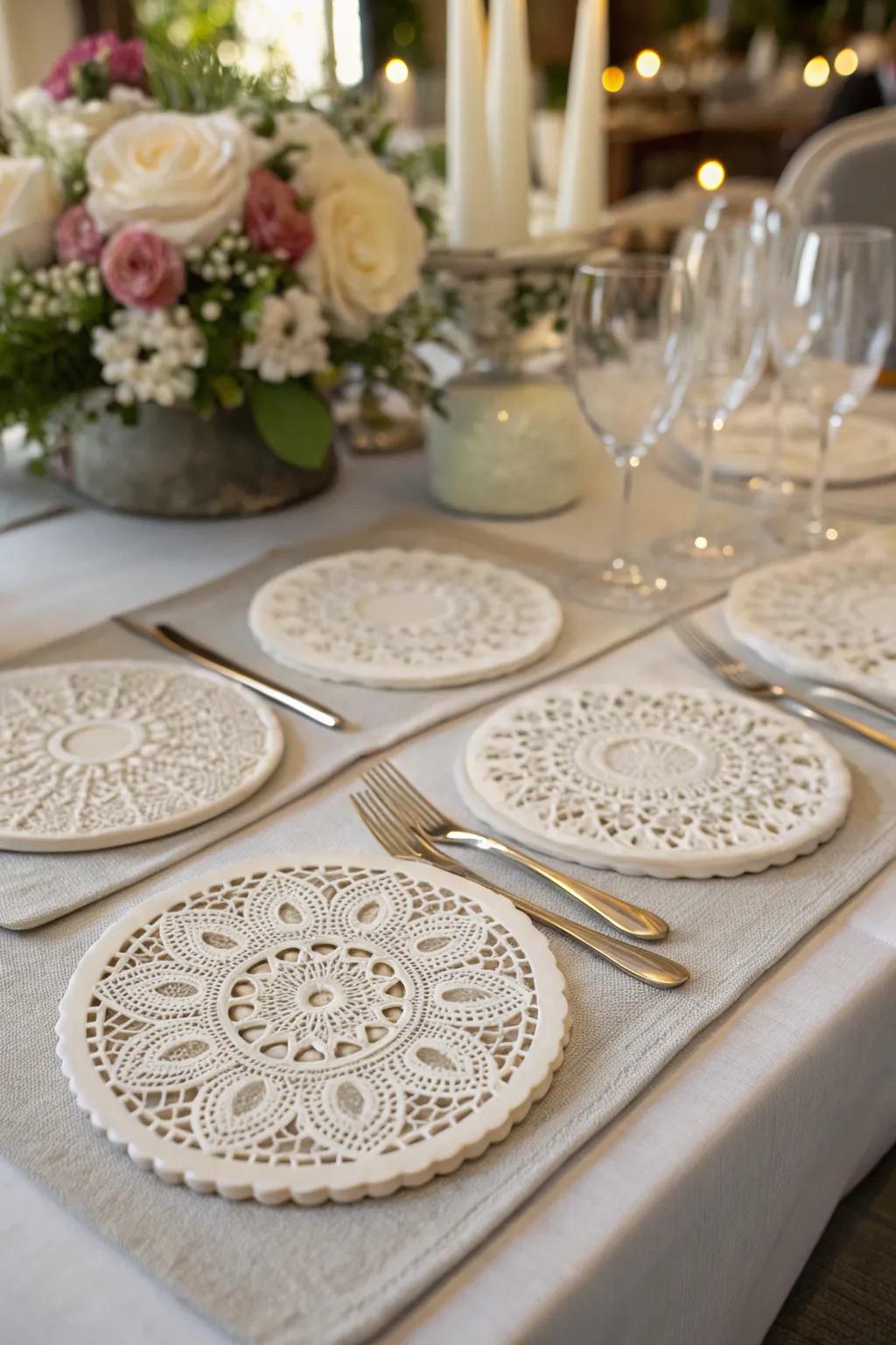 Lace coasters bring sophistication to your table setting.