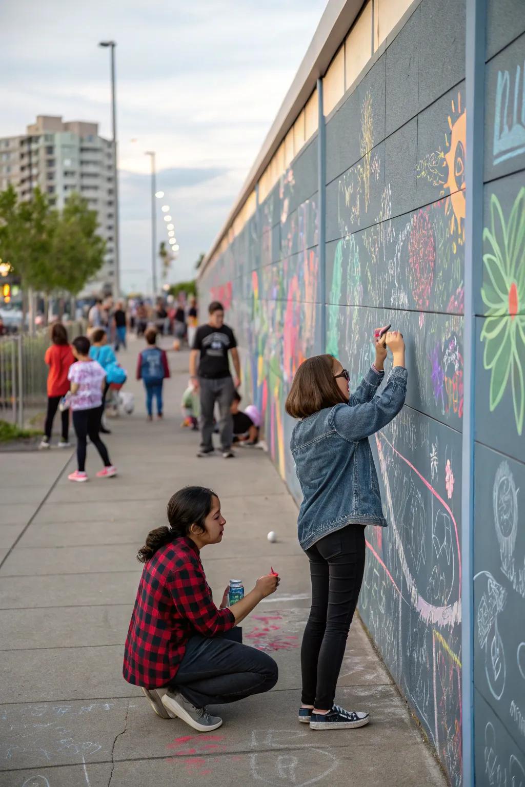 Interactive chalk murals foster creativity and community spirit.