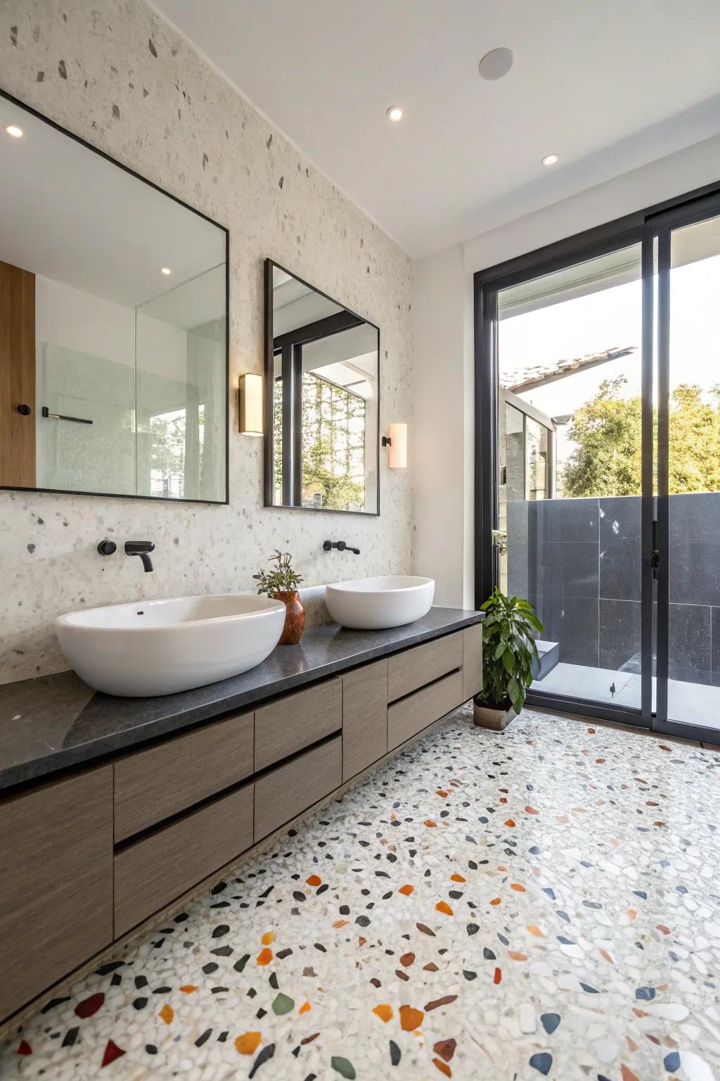 Terrazzo flooring brings unique style and durability to your bathroom.