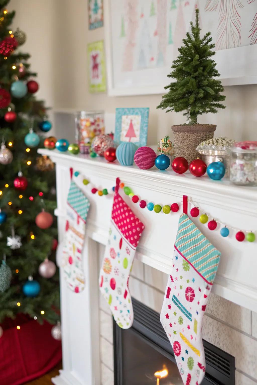 A fun Christmas mantel with playful patterns.