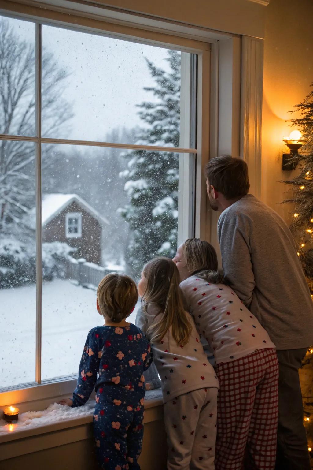 A dreamy scene of family gazing out at a snowy winter wonderland.