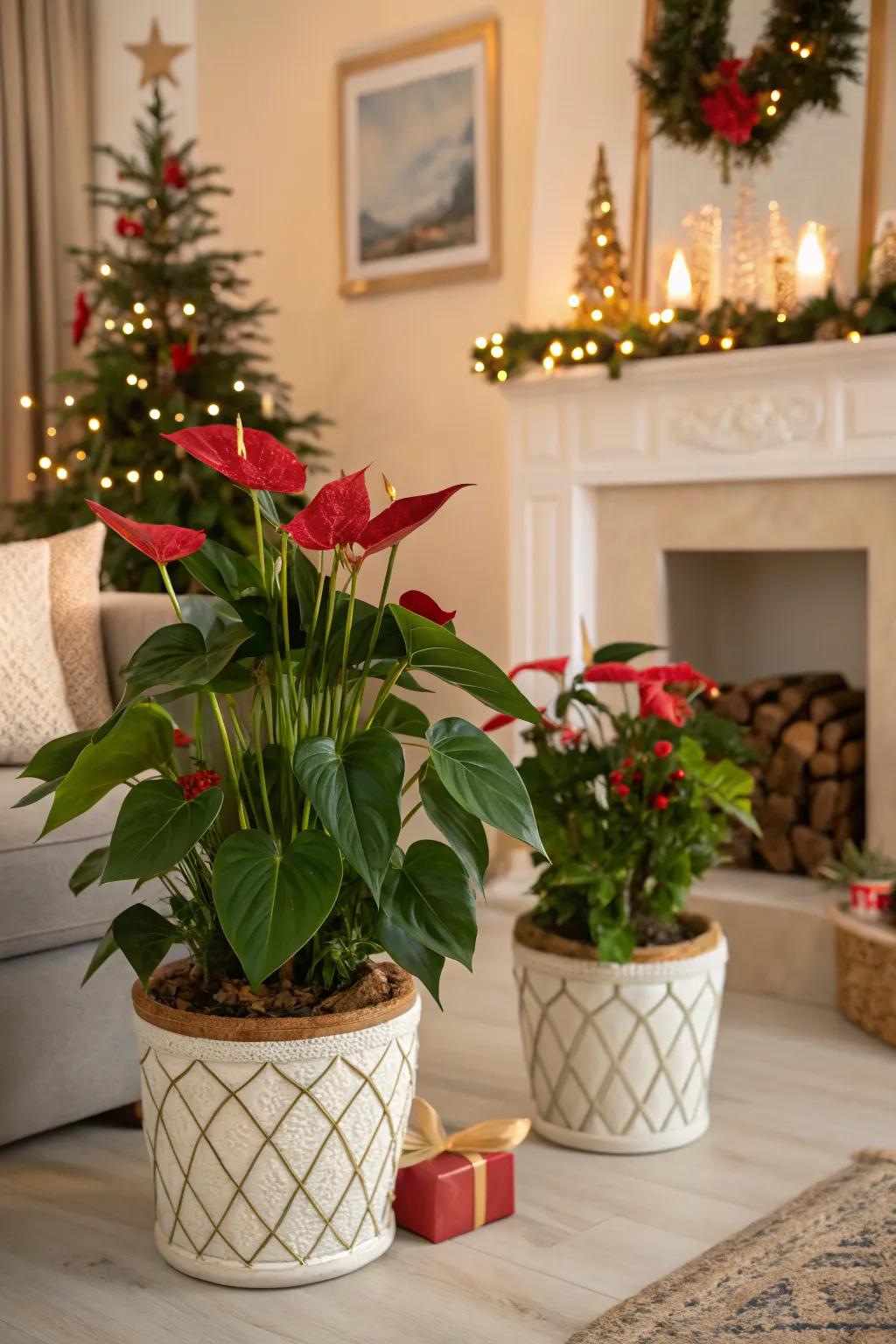 Anthuriums bring a splash of tropical color to the holidays.