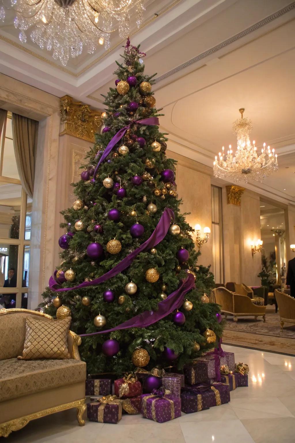 Bring opulence with rich purple and gold holiday decorations.