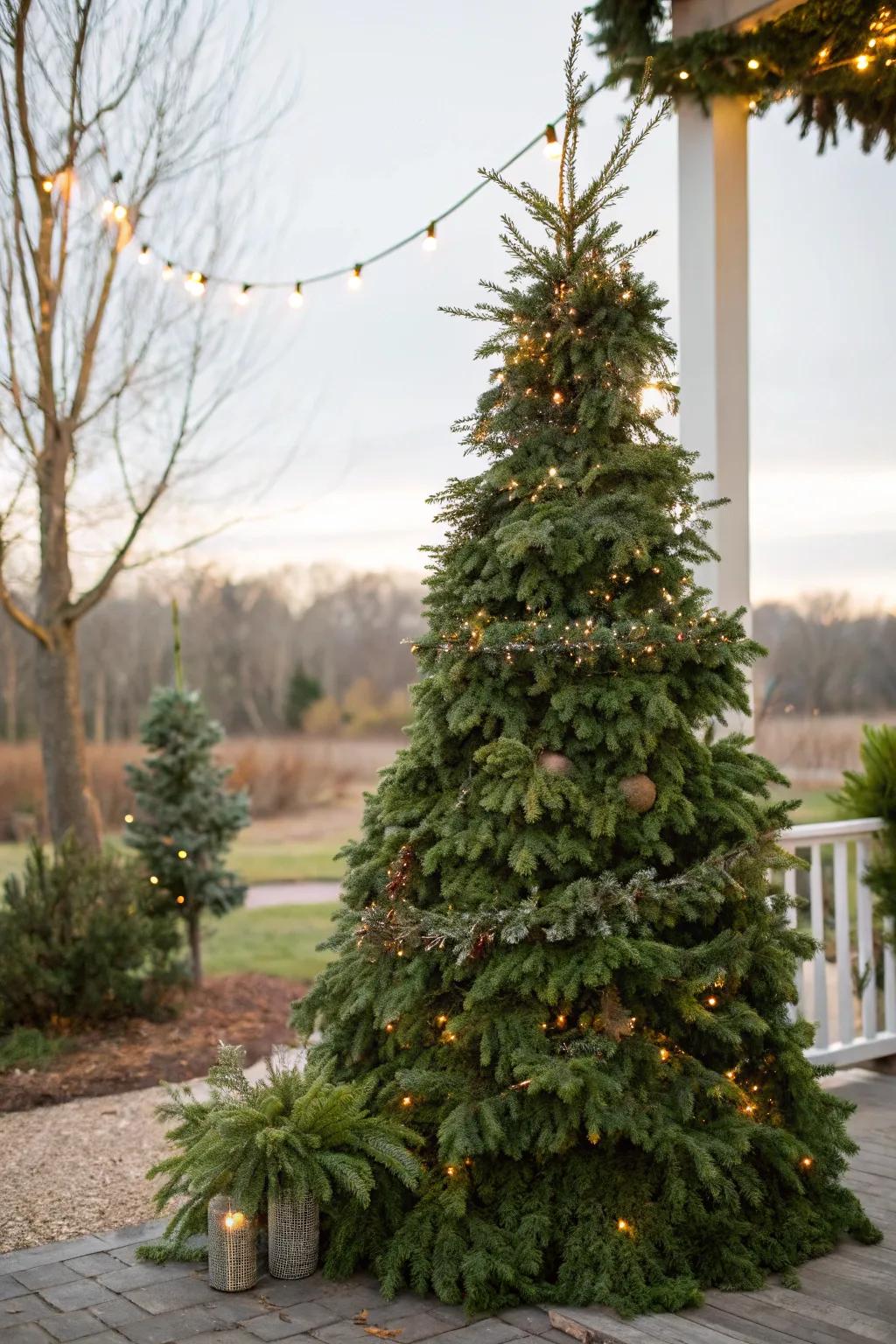 A naturally beautiful Christmas tree with greenery garlands