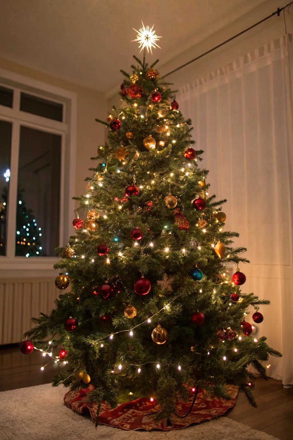 Light clips ensuring precise light placement on a Christmas tree.