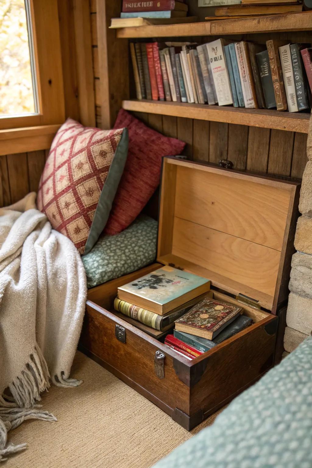 A cozy book nook from a cigar box keeps your reads within reach.