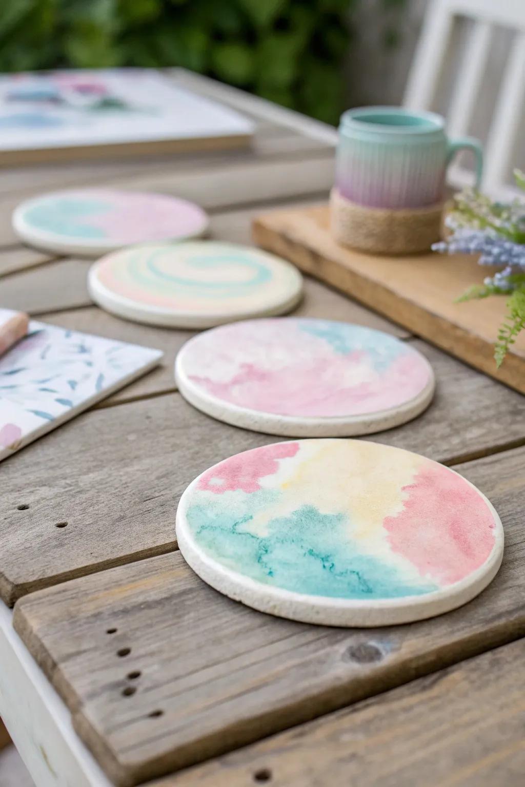 Watercolor-inspired coasters add a gentle artistic flair.