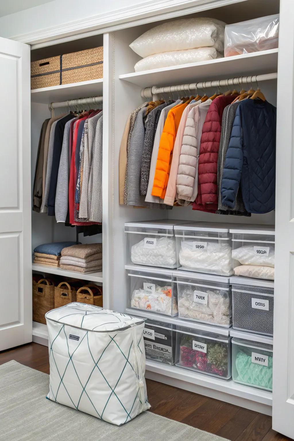 A closet utilizing seasonal storage solutions for efficient organization.