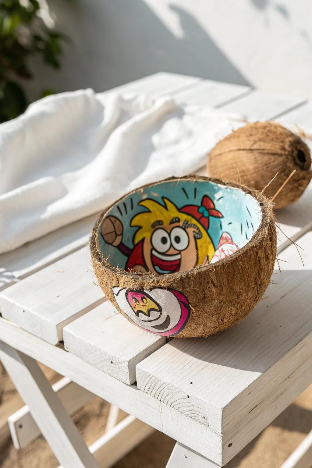 Bring a smile with comic-style coconut art—where humor meets craftsmanship!