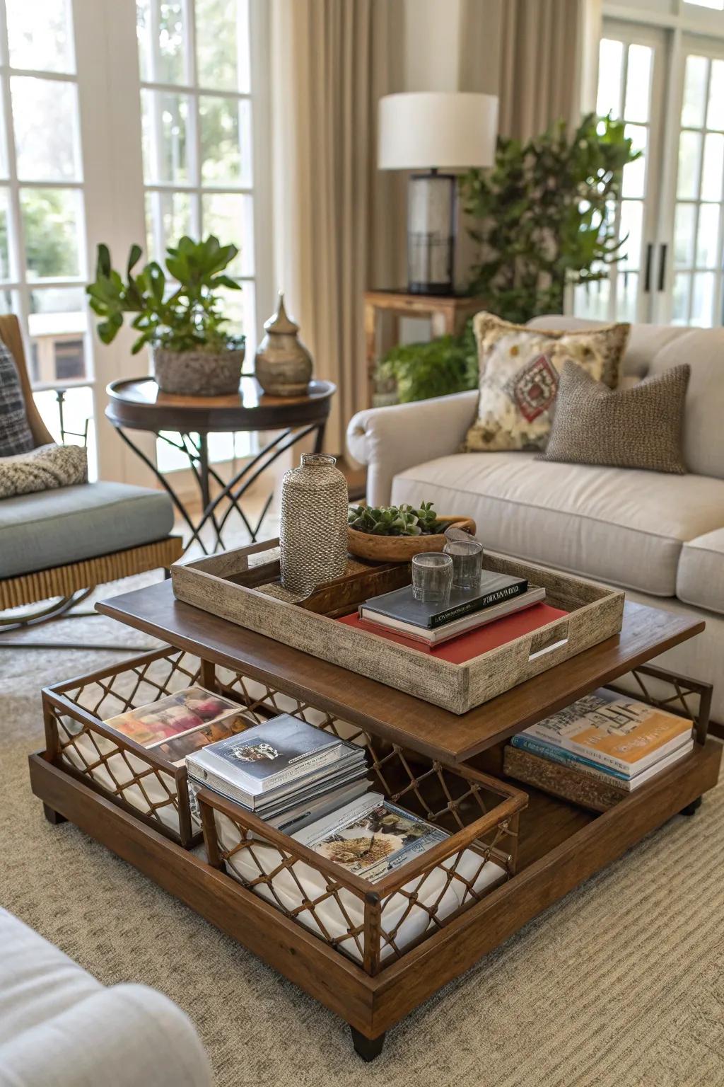 Layered trays offer versatility on the coffee table.