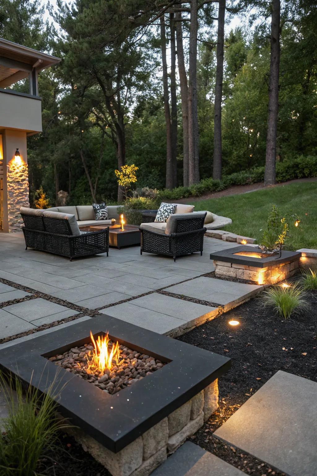 Black concrete accents create striking contrasts.