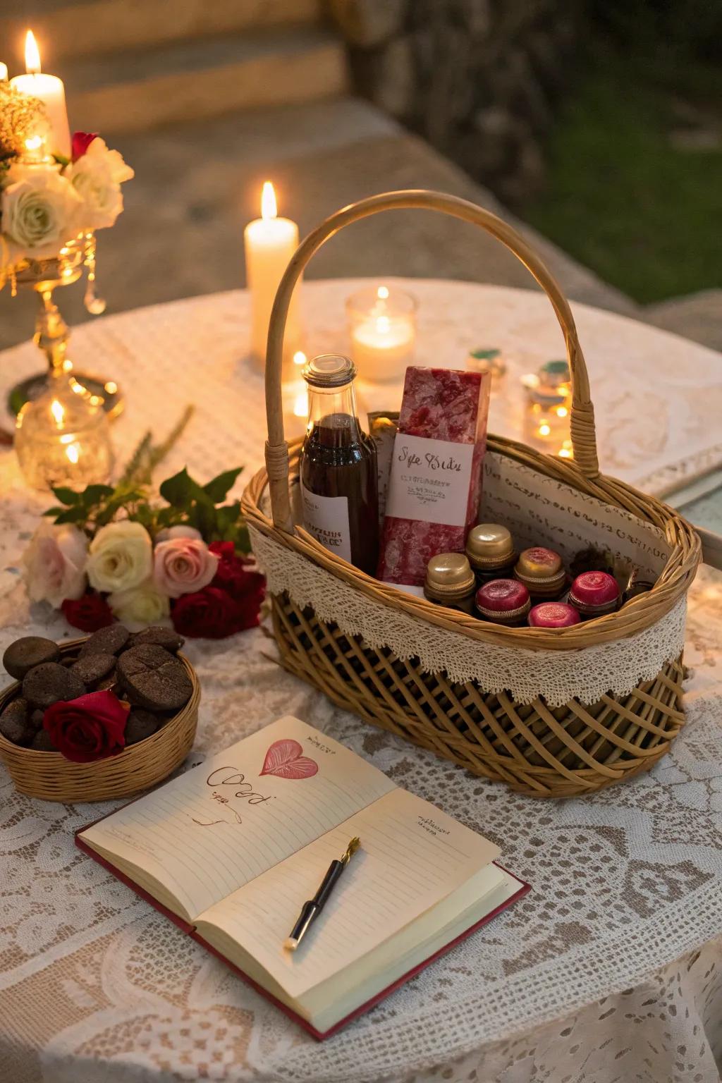 Celebrate love with a rosy romance-themed gift basket.