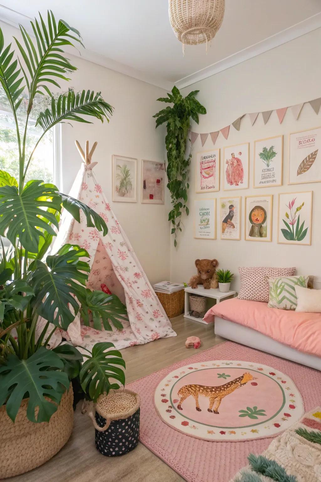 Nature-inspired decor featuring plants and animal motifs creates a calming environment in this girls' room.