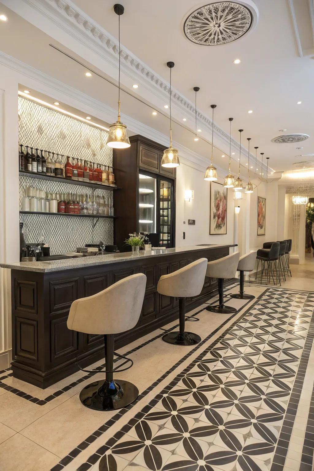 A salon bar with bold floor patterns, enhancing the space with geometric tiles.