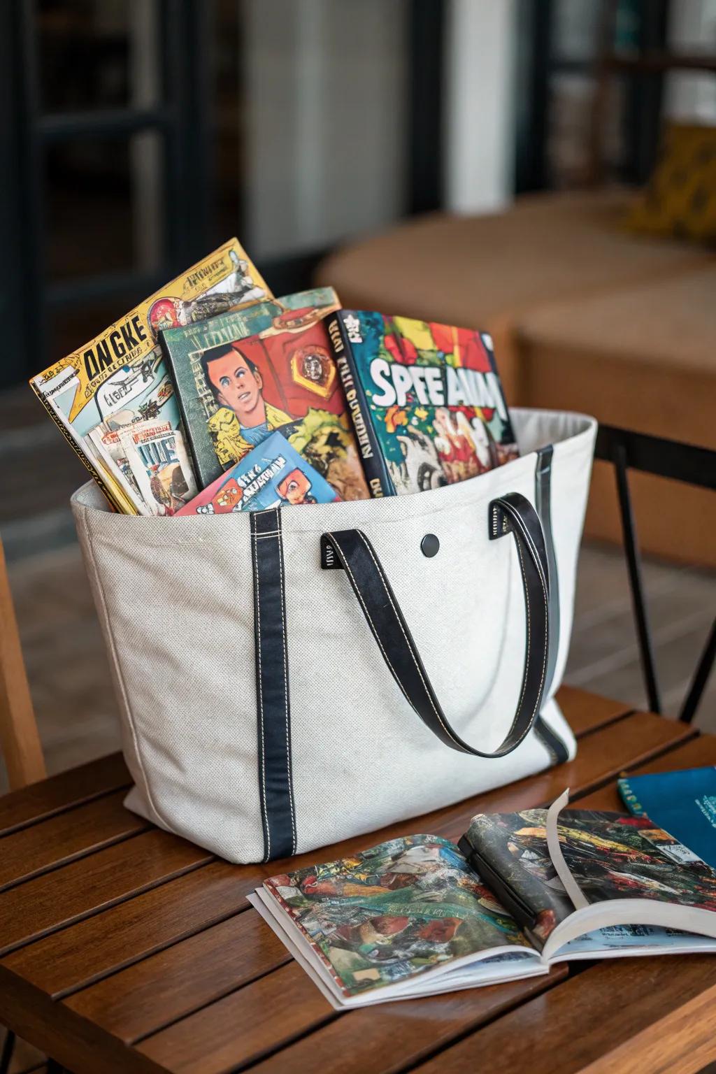 Tote bags make comic transportation easy and stylish.