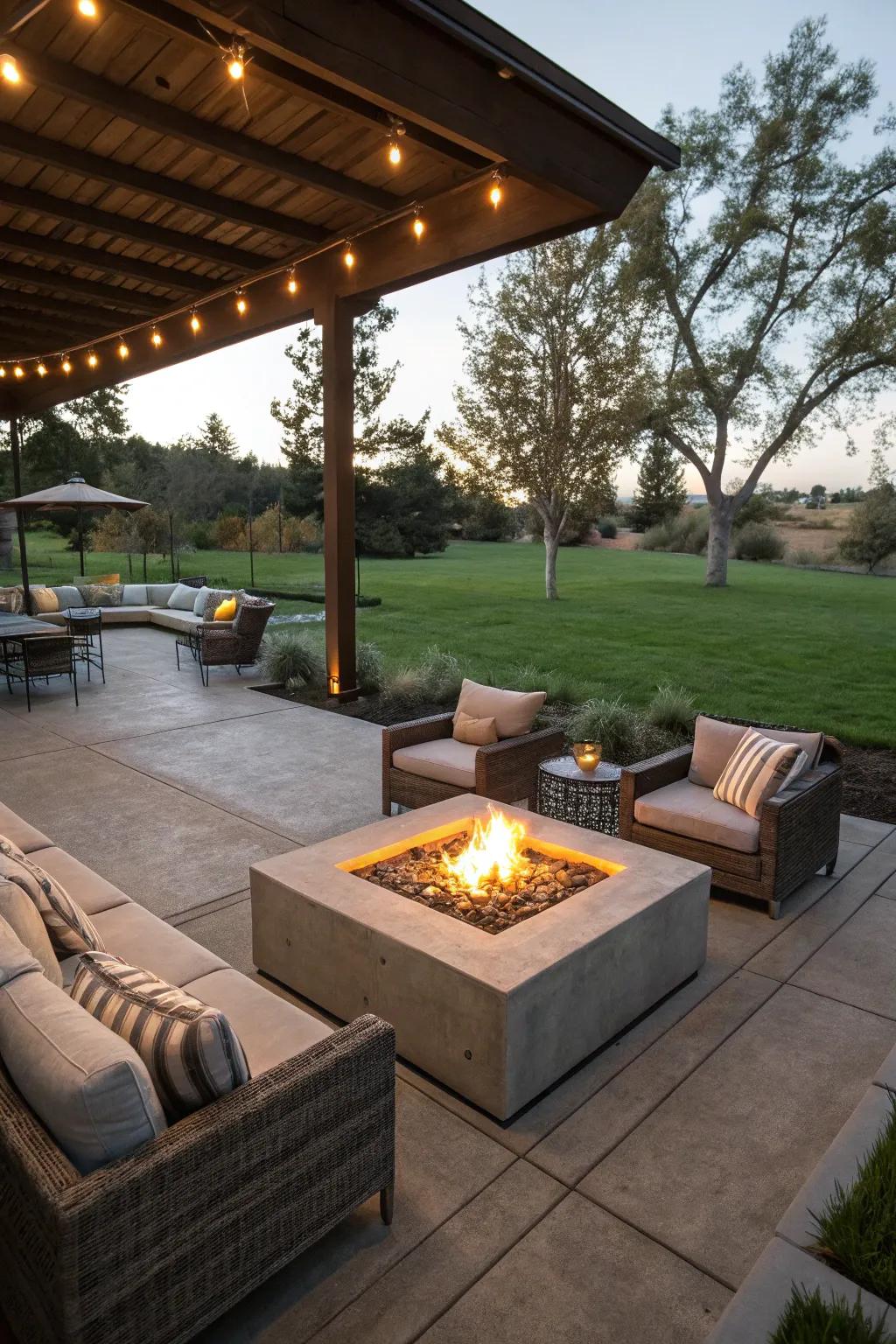 A fire pit adds warmth and a focal point to your patio.