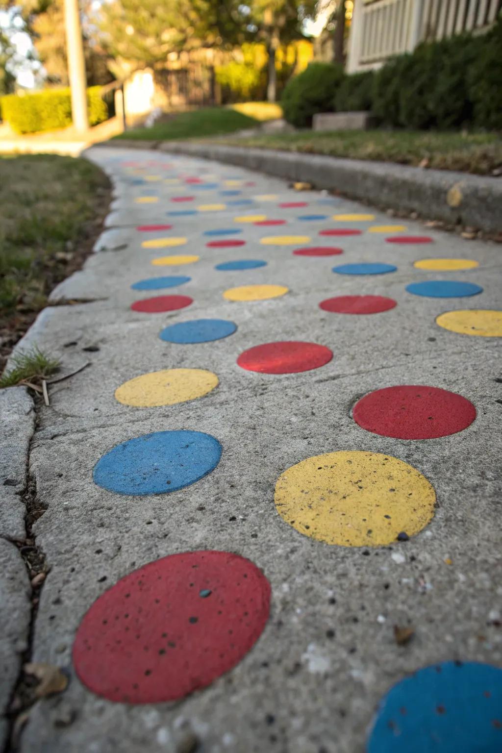 Add a splash of whimsy to your garden with colorful polka dots on your path.