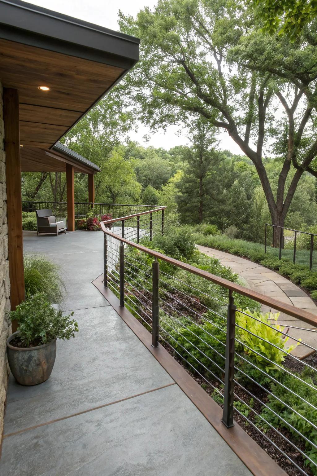 Recycled railings offer eco-friendly style for concrete patios.