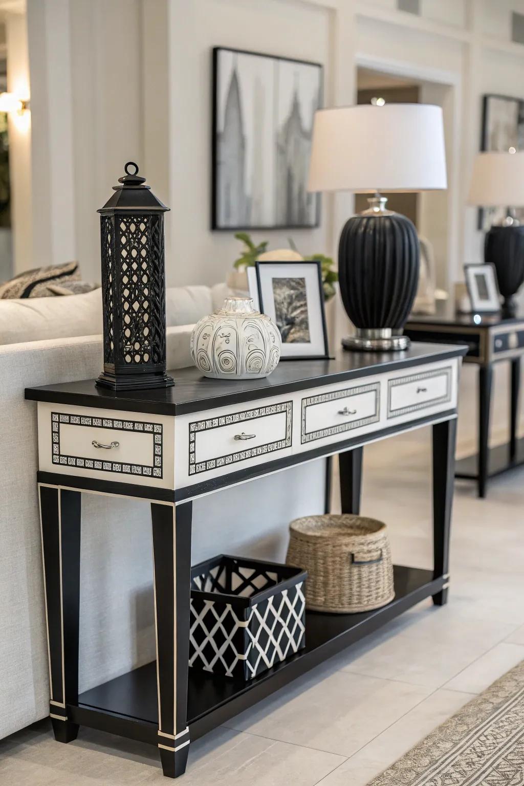 Monochrome magic with black and white decor on this console table.