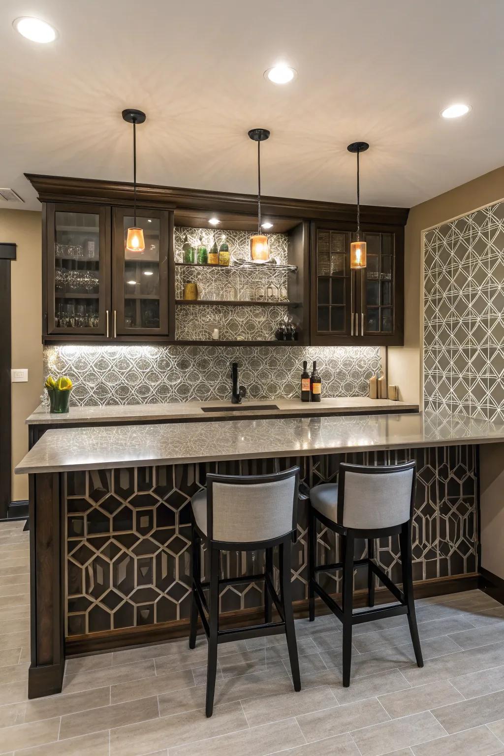 A stylish home bar featuring a geometric tile backsplash.