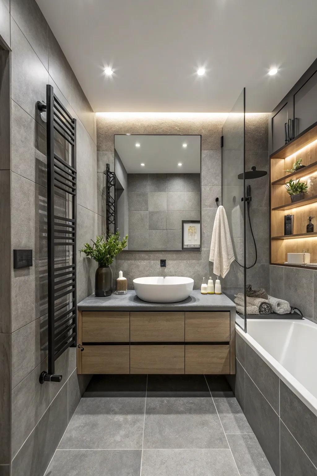 A monochromatic scheme creates a sleek, cohesive bathroom design.