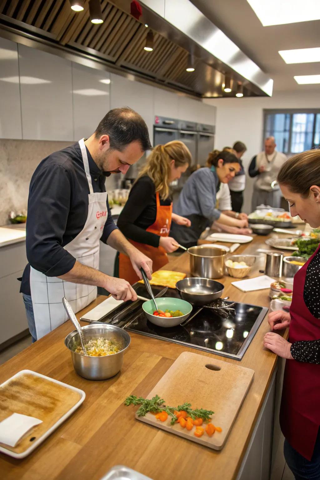 Gourmet cooking class in a modern kitchen with participants cooking.