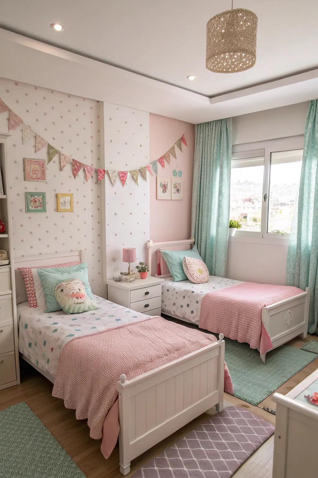 Matching decor fosters togetherness in a twin-friendly room.