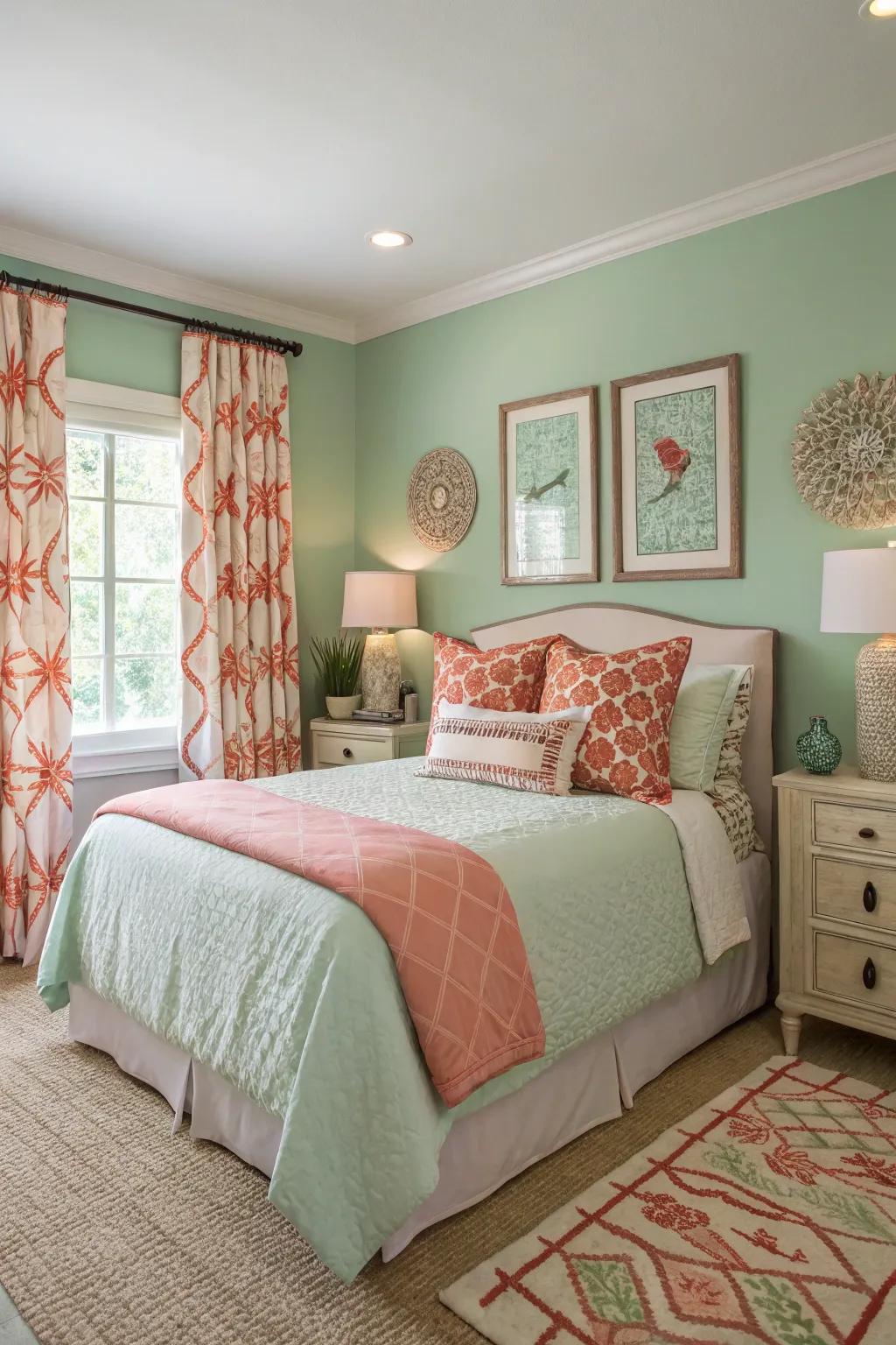 A charming bedroom with sage green and coral accents.