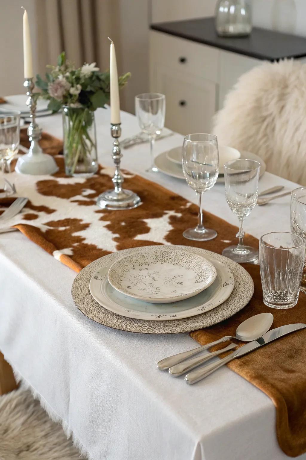 A cowhide runner adds texture and interest to dining tables.