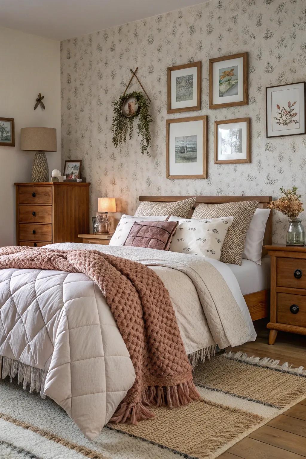 Layered textures enhance the cozy feel of this bedroom.