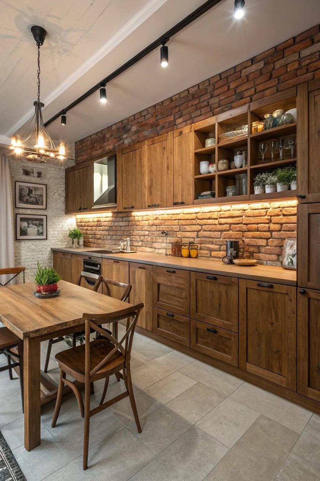 Exposed brick walls add rustic charm and warmth to your kitchen.