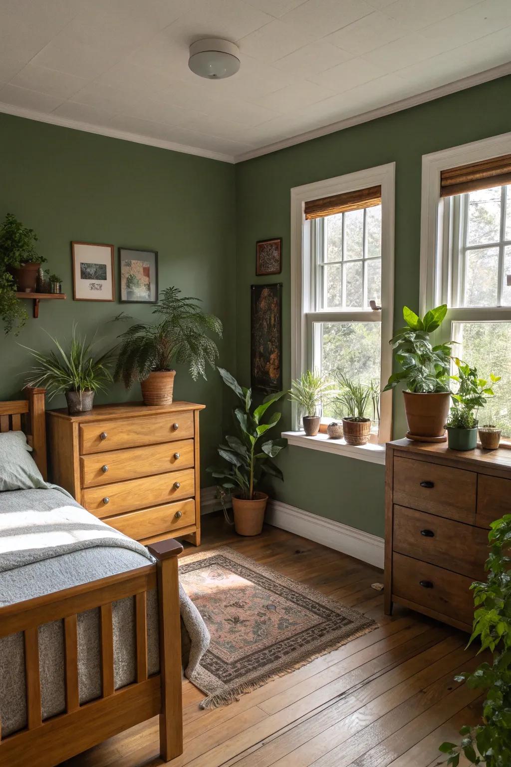 Natural elements complement the olive green, creating a serene and inviting retreat.